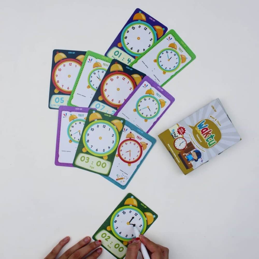 Flash Card Wipe & Clean Waktu - Kartu Belajar Anak Bergambar - Konsep Studio